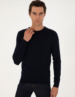 Lacivert Slim Fit Y_n Kar___ml_ Bisiklet Yaka Basic Triko Kazak