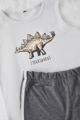 Gri Erkek Cocuk Pamuklu Bask?l? Sort Atlet Orme Pijama Tak?m? TKDSS25PT00009