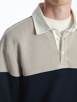 Polo Yaka Uzun Kollu Renk Bloklu Erkek Sweatshirt