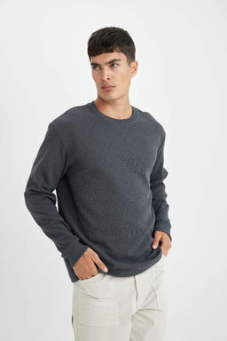 Футболка стандартного кроя с круглым вырезом и длинными рукавами вафельного цвета - Defacto фото 3