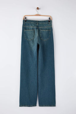 Koyu Mavi Yuksek Bel Dokumlu Liyosel Kar?s?ml? Wide Leg Jeans TWOAW26JE00247 - Trendyolmilla фото 6