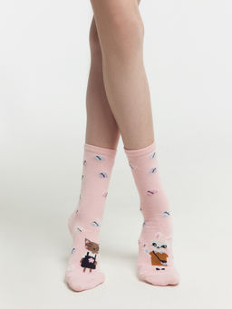 Цена за 5 пар! Носки детские розовые с рисунком в виде зайчика и котика