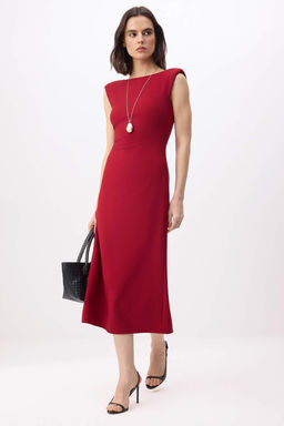 Bordo S?rt Detayl? Midi Esnek Dokuma Elbise TWOSS26EL00136