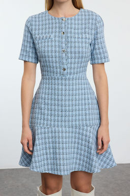 Indigo Etegi Belden Ac?lan Bisiklet Yaka Mini Tuvit Dokuma Elbise TWOAW25EL00280