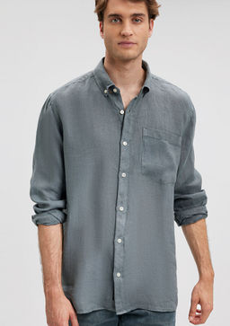 Gri Keten Gomlek - Mavi фото 2