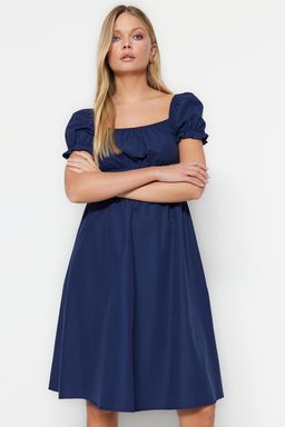 Lacivert Skater/Belden Ac?lan Balon Kollu Astarl? Midi Dokuma Elbise TWOSS22EL1768