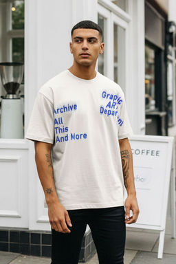TRENDYOL MAN Ekru Oversize/Genis Kesim Yaz? Bask?l? %100 Pamuk T-Shirt TMNSS25TS00194