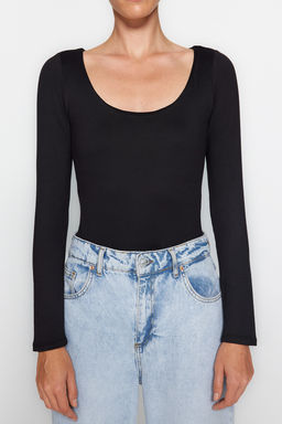 TRENDYOLMILLA Siyah Slim C?tc?tl? Havuz Yaka Uzun Kollu Yumusak Kumasl? Esnek Orme Body TWOAW24BD00031  фото 4