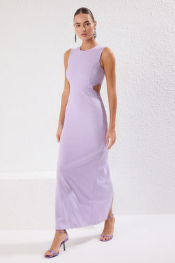TRENDYOLMILLA Siyah Cut Out/Pencere Detayl? Tas Bask?l? Dokuma Uzun S?k Abiye & Mezuniyet Elbise TPRSS25AE00093  фото 2