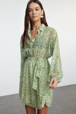 Yesil Belden Ac?lan Mini Astarl? Sifon Dokuma Elbise TWOAW24EL00841