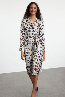 Bej Leopar Desenli Anvelop Midi Baglama Detayl? Dokuma Elbise TWOAW24EL00688
