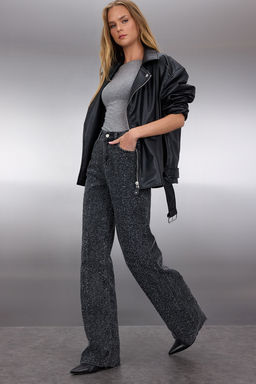 Siyah Dokulu Yuksek Bel Wide Leg Jeans TWOSS25JE00149