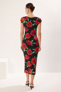 Siyah Cicekli Bodycone/Vucuda Oturan Midi Orme Elbise TWOSS25EL00081 - Trendyolmilla фото 5