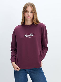 Bisiklet Yaka Bask?l? Oversize Kad?n Sweatshirt