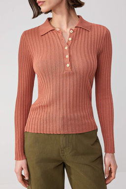 Wardrobe Essentials Kiremit Fitilli Polo Yaka Ince Triko Kazak TWOSS26KZ00004 - Trendyolmilla фото 3