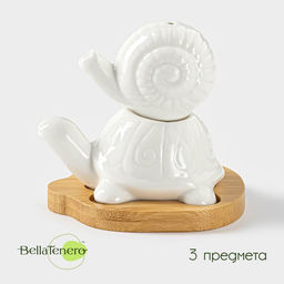 Набор для специй BellaTenero Черепаха и улитка, солонка 25 мл, перечница 30 мл, на бамбуковой подставке, фарфор, белый