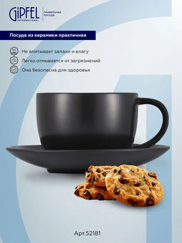52181 GIPFEL Чайная пара NOIR: чашка 230 мл, блюдце 15 см. Материал: керамика. Цвет: черный.