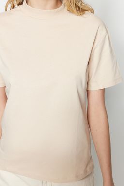 Kahverengi-Bej 2li Paket %100 Pamuk Basic Dik Yaka Orme T-Shirt TWOSS20TS1500