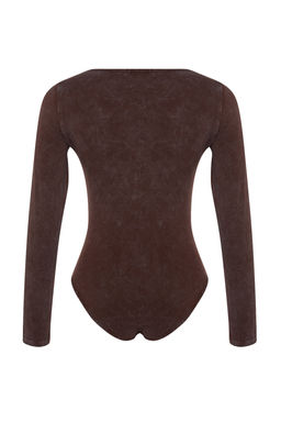 Kahverengi Eskitme/Soluk Efektli Pamuklu Uzun Kol Esnek C?tc?tl? Orme Body TWOAW24BD00044