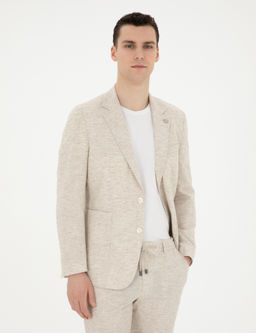 Bej Slim Fit Keten Kar___ml_ _izgili Tak_m Elbise