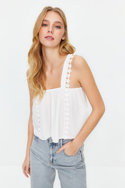 Ekru Dantel Detayl? Crinkle Dokuma Bluz TWOSS24BZ00024