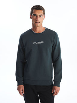 Bisiklet Yaka Bask?l? Erkek Kal?n Sweatshirt