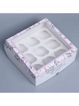 Цена за 5 шт. Коробка для капкейков, кондитерская упаковка с окном, 9 ячеек «Венок», 25 х 25 х 10 см