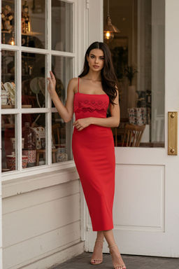 K?rm?z? Brode Detayl? Bodycone/Vucuda Oturan Midi Orme Elbise TWOSS25EL00356