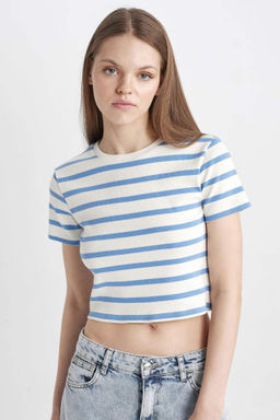 Coool Fitted Crop Cizgili Ribana K?sa Kollu Tisort - Defacto фото 2