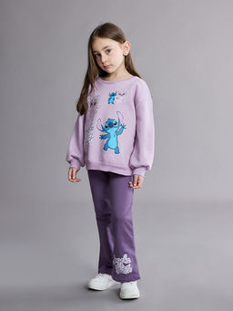 Bisiklet Yaka Stitch ve Angel Bask?l? K?z ?ocuk Sweatshirt ve Tayt