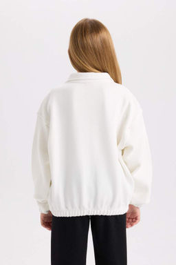 Базовый однотонный свитшот Relax Fit с высоким воротником и кнопками для девочек - Defacto фото 6