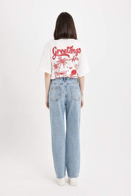 Джинсовые брюки прямого кроя до щиколотки с высокой талией и потертостями - Defacto фото 6