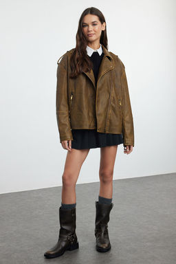 Kahverengi Oversize Kal?p Y?kama Efekctli Suni Deri Biker Ince Ceket Mont TWOAW25MO00010 - Trendyolmilla фото 2