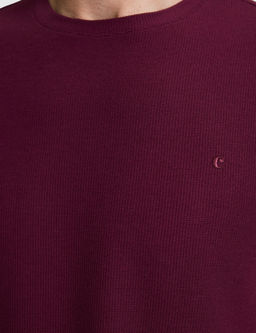 Bordo Slim Fit Saf Pamuk _nce Fitilli Bisiklet Yaka T-shirt