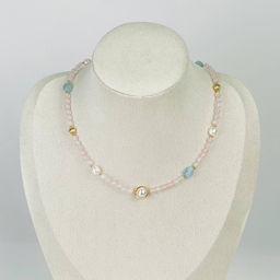 Колье из Розового кварца, Аквамарина и Жемчуга