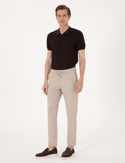Bej Slim Fit Keten Kar___ml_ Beli _pli _izgili Kanvas Pantolon