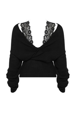 Siyah Kruvaze Dantel Garnili Triko Kazak TWOAW22KZ0522 - Trendyolmilla фото 8