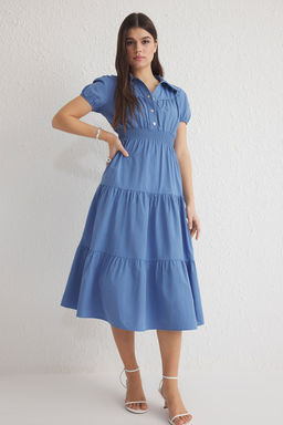 TRENDYOLMILLA Indigo Etegi Belden Ac?lan Gipeli Midi Dokuma Elbise TWOAW25EL00601  фото 2