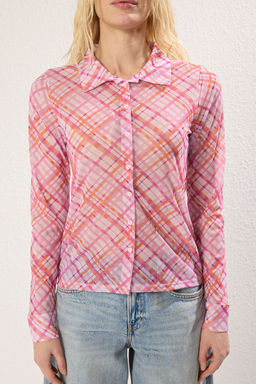 Pembe Tul Fitted/Vucuda Oturan Ekose Desenli Esnek Gomlek TWOSS25GO00045