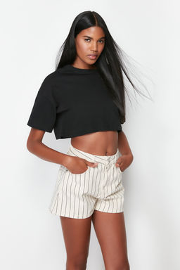 Ekru Cizgili Yuksek Bel Denim Sort TWOSS24SR00103 - Trendyolmilla фото 2