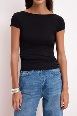 Siyah Fitted/Vucuda Oturan Kay?k Yaka K?sa Kollu Yumusak Orme Bluz TWOSS26BZ00466 - Trendyolmilla фото 3