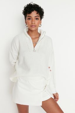 Ekru Yumusak Dokulu Fermuarl? Triko Kazak TWOAW20XS0009