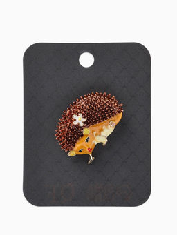 Брошь «Ежик» с цветами, цвет коричнево-оранжевый в золоте