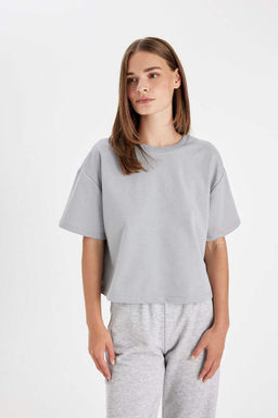 Женская серая базовая однотонная футболка с круглым вырезом и короткими рукавами Relax Fit - Defacto фото 3