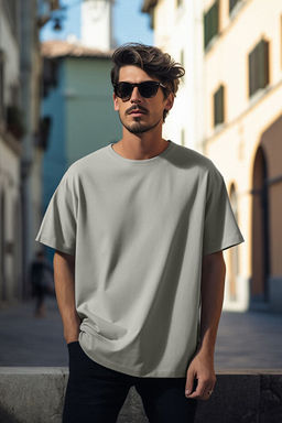 Gri Basic %100 Pamuklu Bisiklet Yaka Oversize/Geni_ Kesim K_sa Kollu T-Shirt TMNSS22TS0318