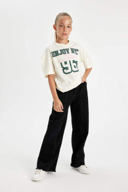 Школьная футболка Relax Fit с v-образным вырезом и принтом для девочек с короткими рукавами - Defacto фото 2