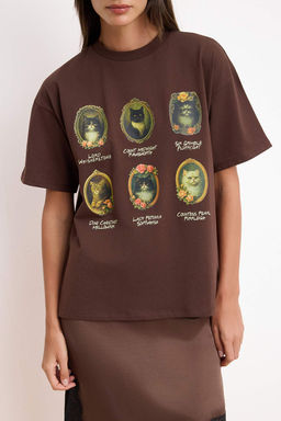 Kahverengi Bask?l? Oversize/Genis Kal?p K?sa Kollu Tok %100 Pamuk Orme T-Shirt TWOSS26TS00176 - Trendyolmilla фото 3