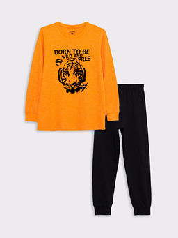 Bisiklet Yaka Bask?l? Uzun Kollu Erkek ?ocuk Pijama Tak?m?