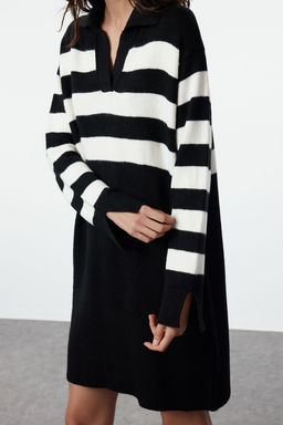 Siyah Cizgili Mini Triko Yumusak Dokulu Elbise TWOAW25EL00074