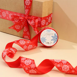 Лента атласная Снежинки, красная, 4 см х 5 метров